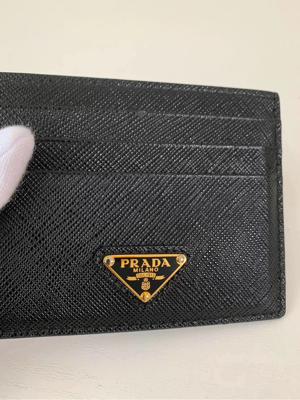 Prada Black Saffiano Leather Card Case with Gold Triangle Logo